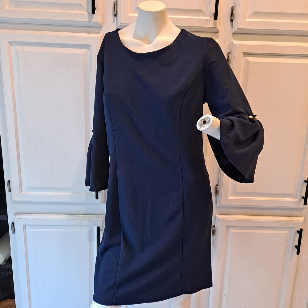 Spense Elegant Navy Midi Dress With Pearl Accented Ruffled Bell Long Sleeve